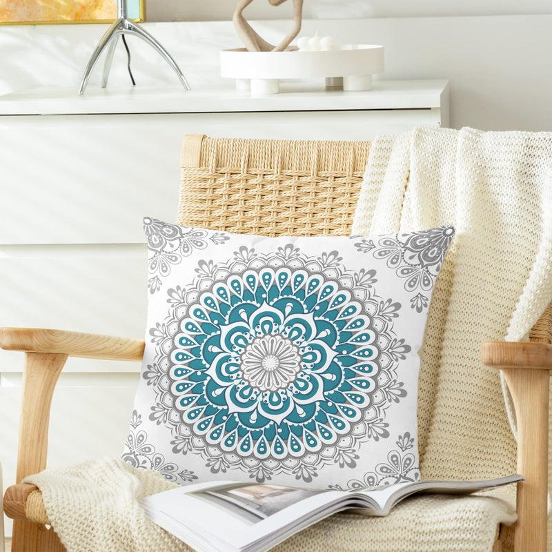 CaliTime Throw Pillow Covers Pack of 2 Cozy Fleece Mandala Dahlia Floral Medallion Compass Style Cushion Cases for Couch Bed Sofa Farmhouse Decoration 18 X 18 Inches Teal Grey - Image 3
